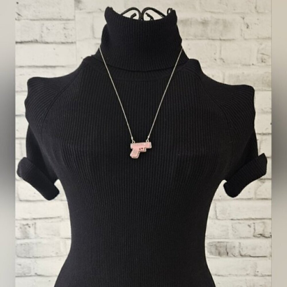 Pink Rhinestone Pistol Charm Necklace Silver Tone Y2K Statement